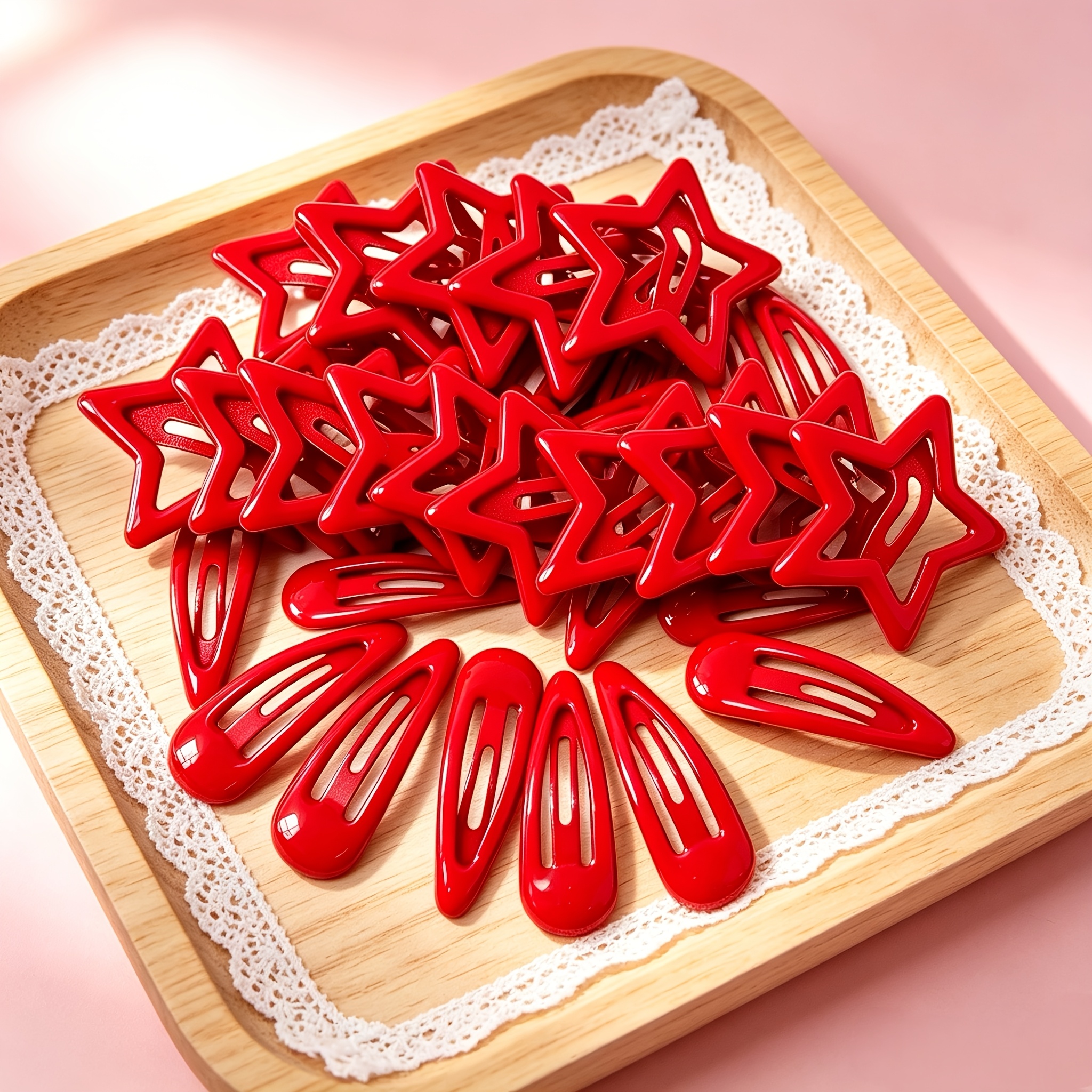 TEMU Large Capacity 26pcs Bulk Red Hollow Pentagram Hair Clips, Teardrop Side Clip Set, Multi-style Shapes For Random Matching Durable Hair Additions