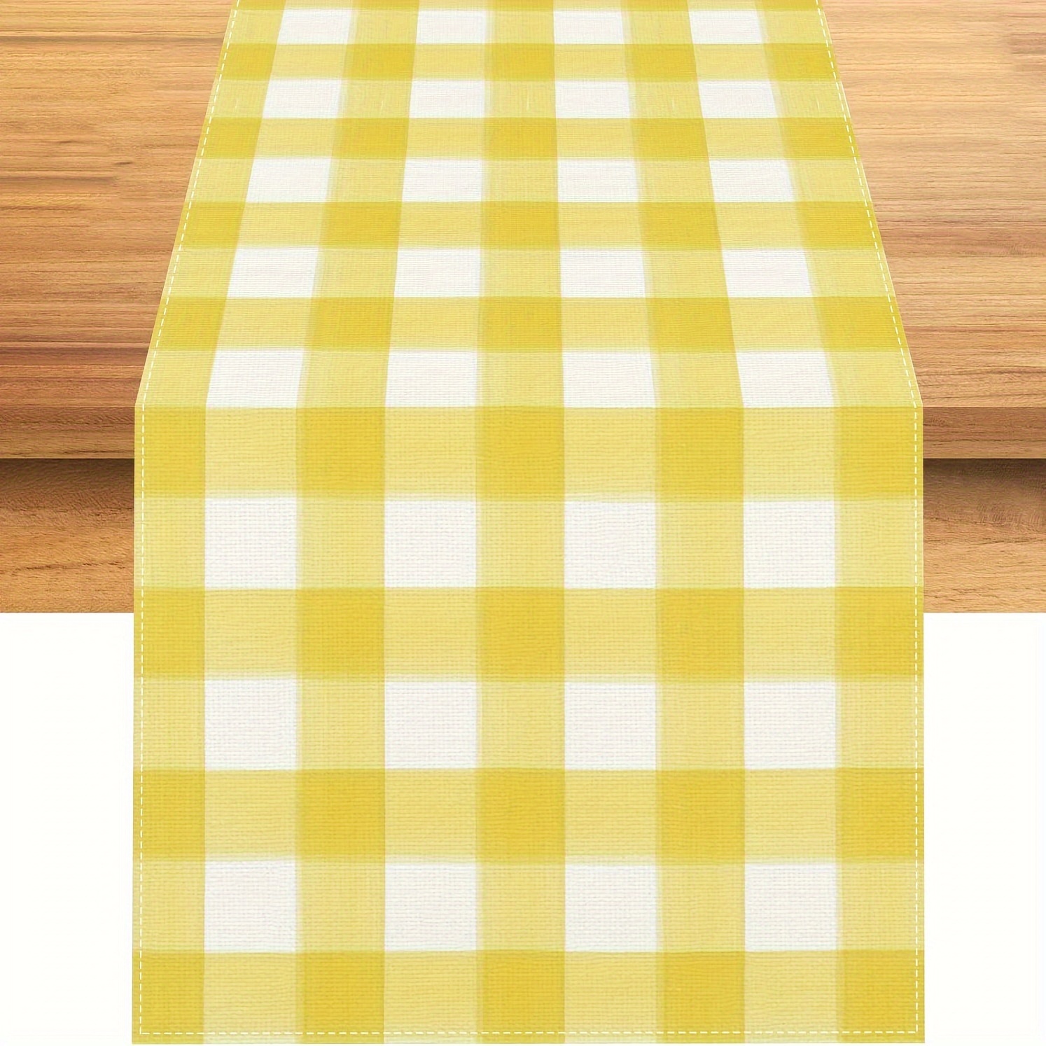 

1pc, Table Runner, Linen Watercolor Yellow White Buffalo Check Plaid Table Runner, Gingham Tablecloth Farmhouse Spring Summer Easter Decorative Table Runner, Home Decor, Kitchen Table Decoration