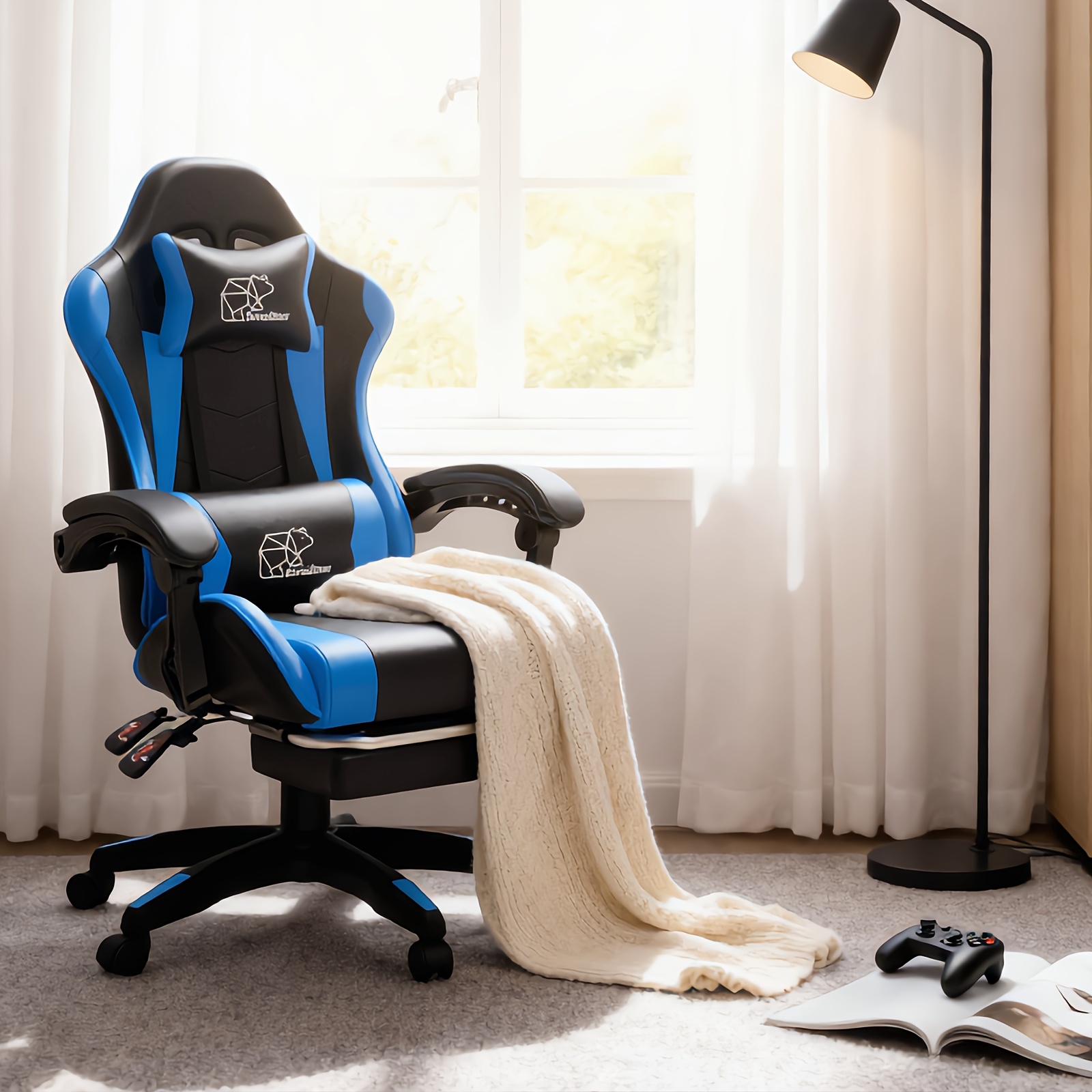 1pc Heavy-Duty Manual Recline E-Sports Chair Suitable for Adults & - Adjustable Footrest/Lumbar Support Gaming Desk Chair with Fixed Armrests, High-Padding Ergonomic Seat for Home Office Computer Chair, Modern for Home and Office Use
