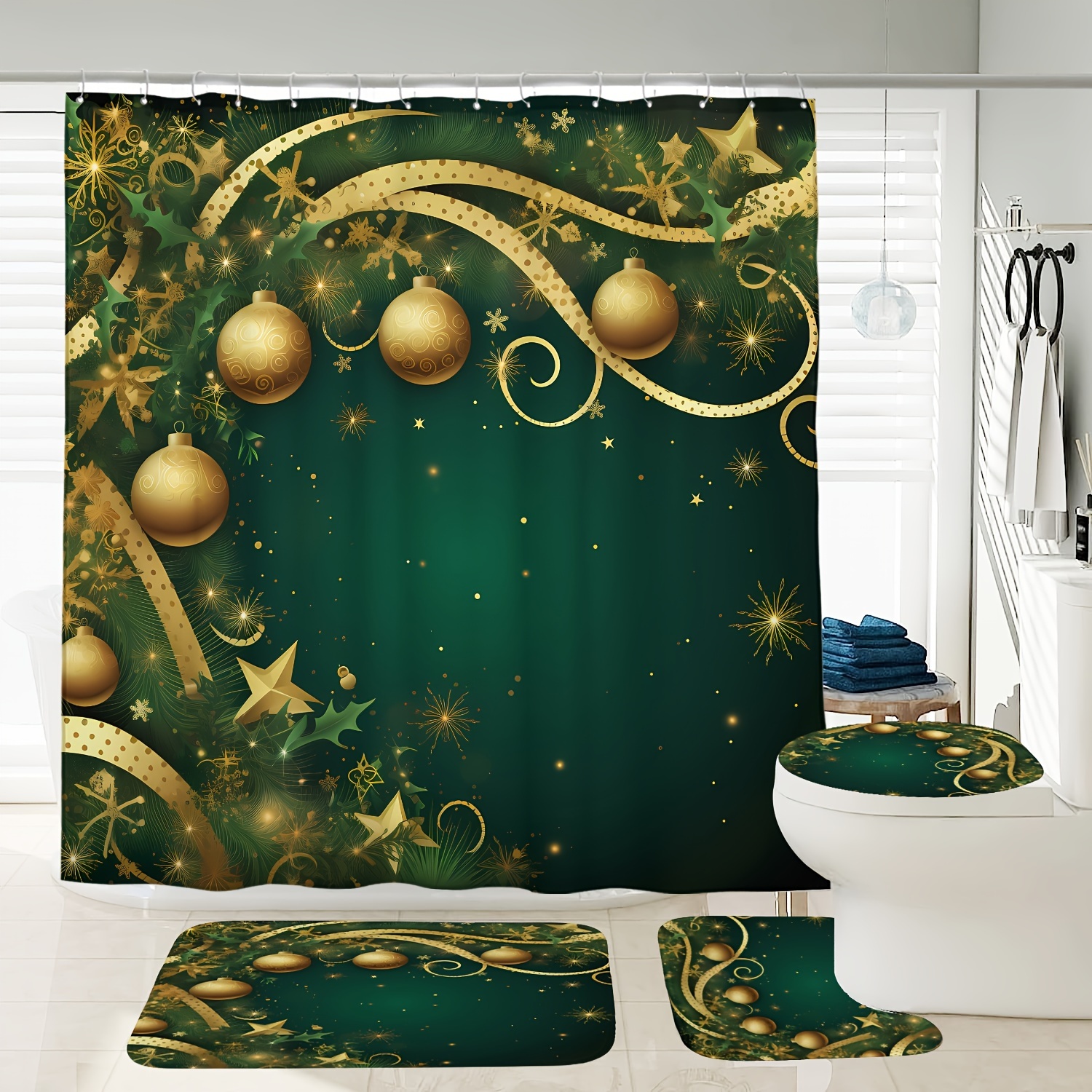 

Festive Christmas Decorative Shower Curtain, Toilet Seat Cover, And Bath Mat Set: Modern Bathroom Decoration With 12 Plastic Hooks, 72 Inches X 72 Inches