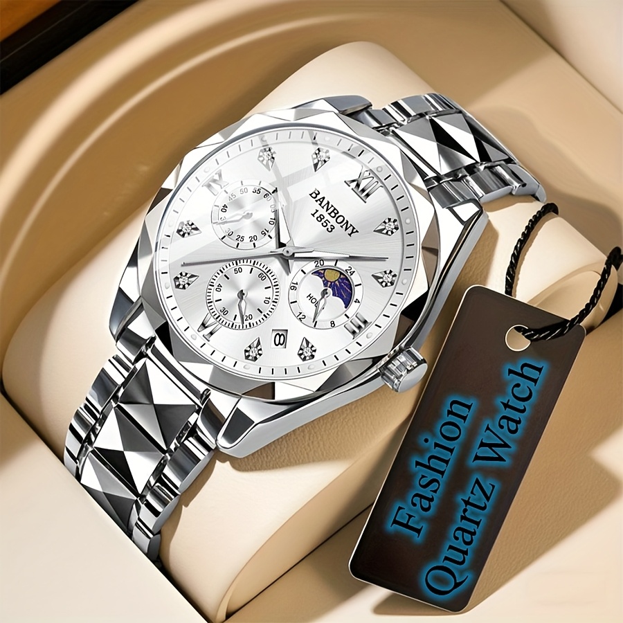 Banbony Men'S Quartz Watch Stainless Steel with Rhinestone Roman Numerals HD Large Dial Waterproof Luminous Display Date Calendar Multi-Function Silent Watch Fashionable Appearance Men'S Luxury Gift for Birthday, Family Gathering, Party