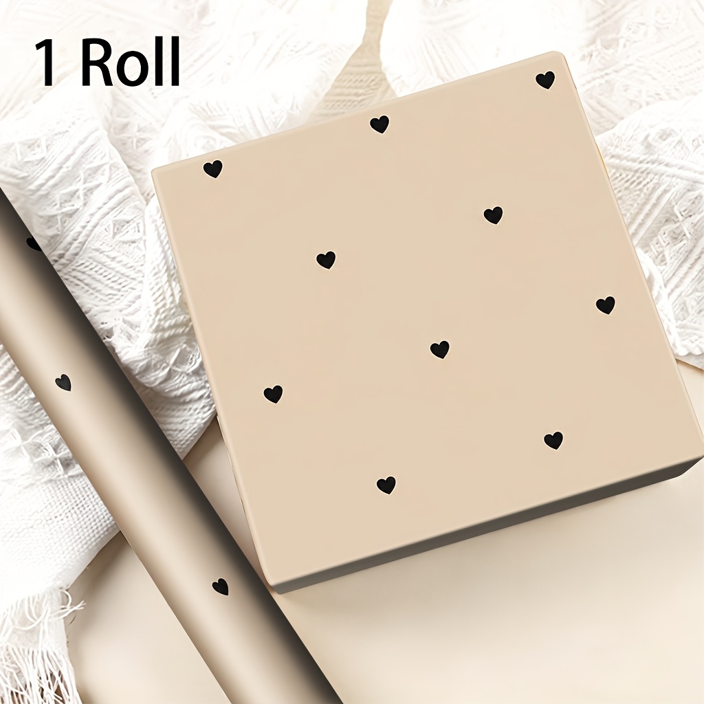TEMU 1 Roll Warm Beige Wrapping Paper Roll With Tiny Solid Black Heart Print - Minimalist Suitable For Party Decorations, Birthday Gifts, Present