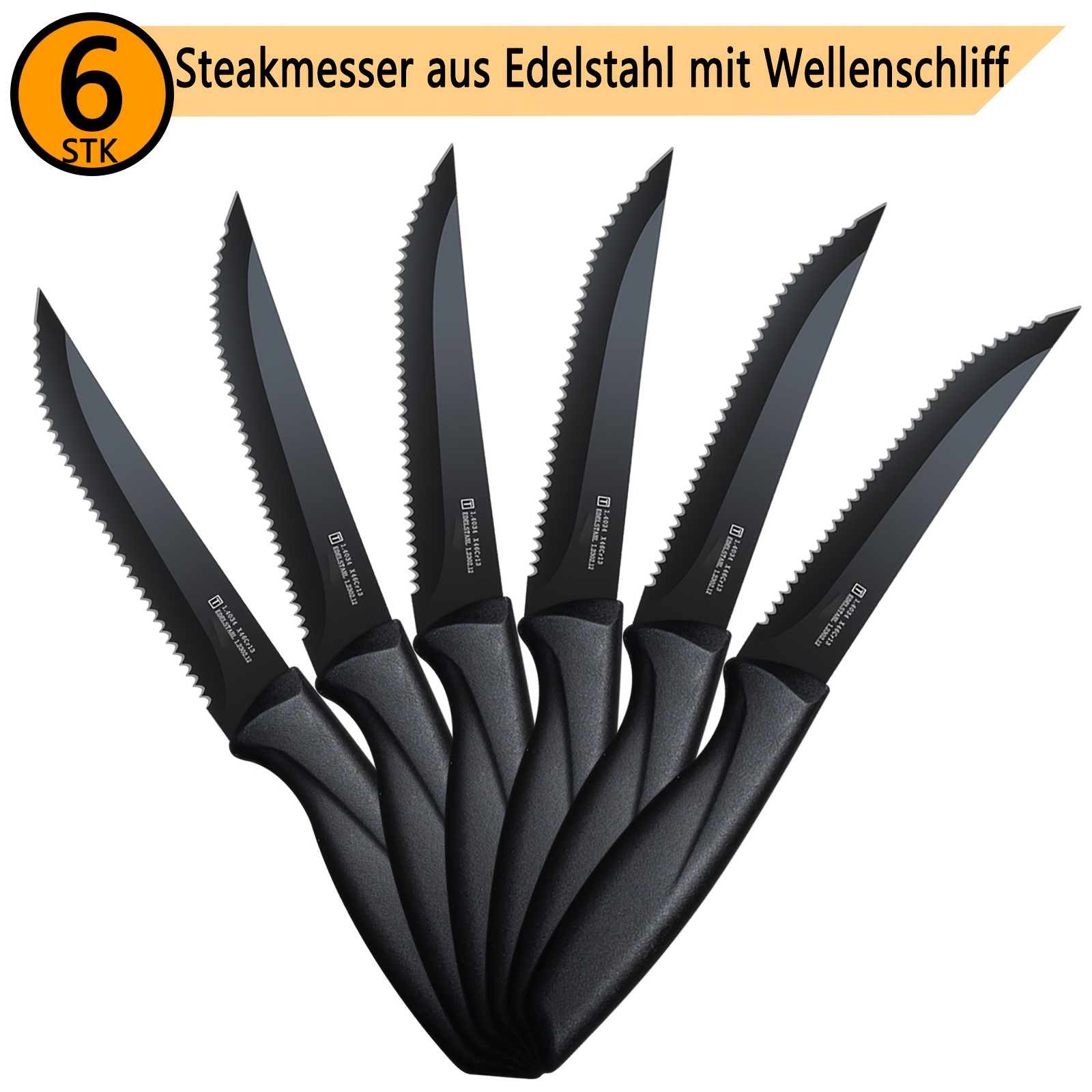 TEMU 6pcs Professional Steak Knife Set, Extra Sharp Blade, Corrugated Cut, Sharp Steak Knife Set, Kitchen Steak Cutlery, Plastic Handle, Stainless