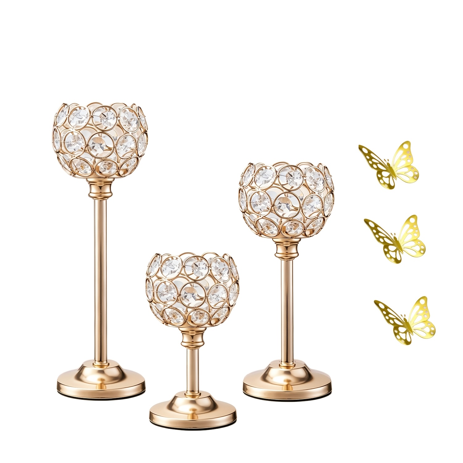 TEMU 3pcs Elegant Golden/silvery Holders With 3 Butterflies, For Small Wish Tealight Candles, Holiday Decor, Ideal For Wedding, Dinner Party,