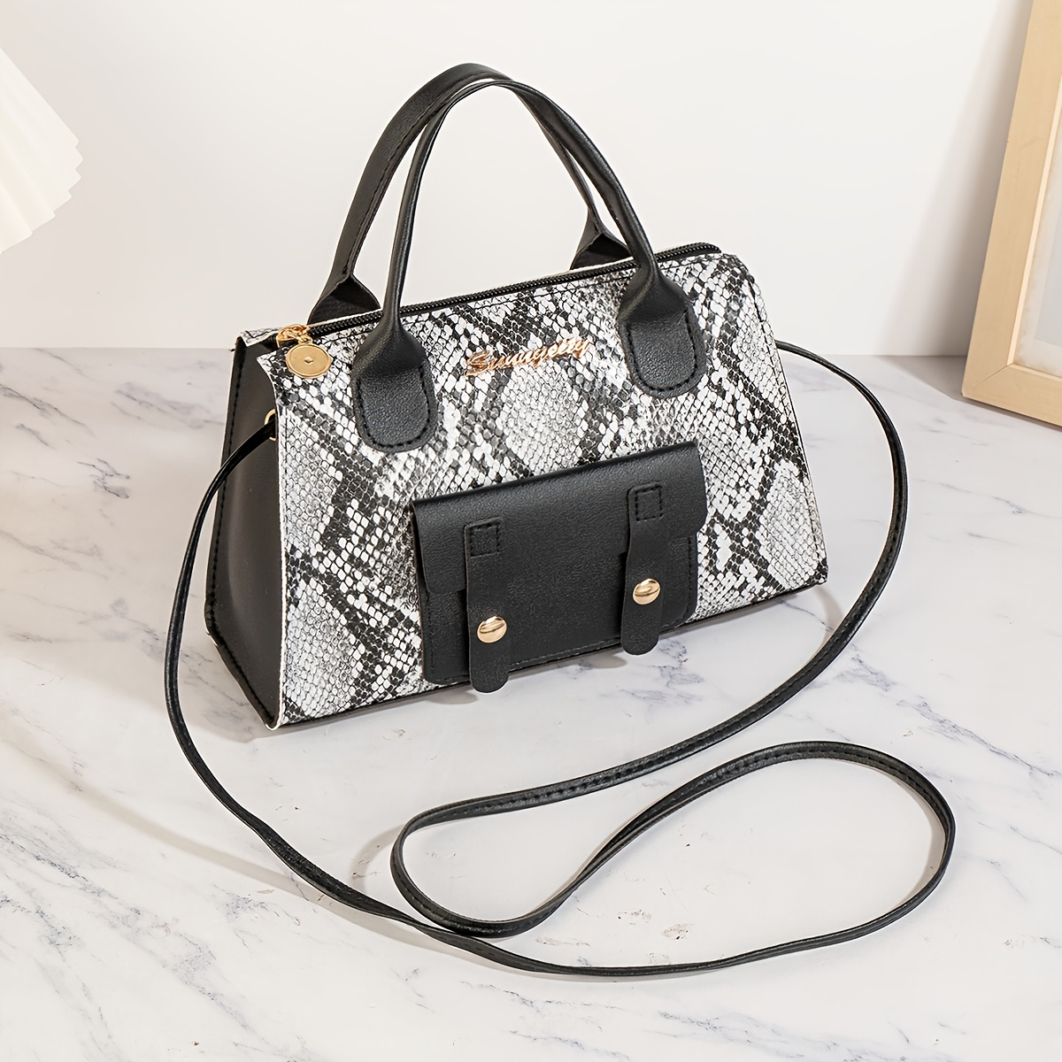TEMU Fashionable European And Snake Print Boston Handbag, Crossbody Bag For Women, European And Women's Crossbody Bag, Suitable For Daily Commuting,