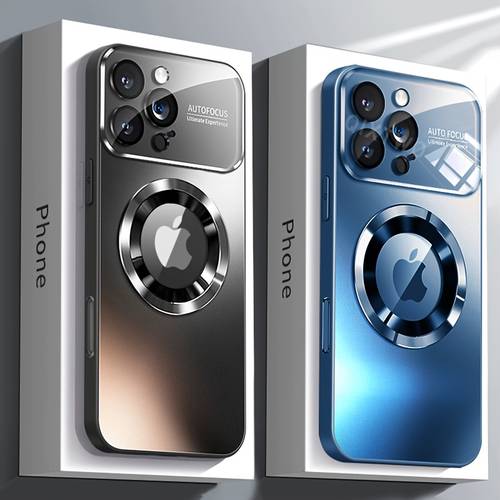 phone case luxury titanium colored glass window magnetic wireless charging phone case compatible with for iphone 11 12 13 17 pro plus shockproof hard matte back cover fully encasing camera lens protection phone case