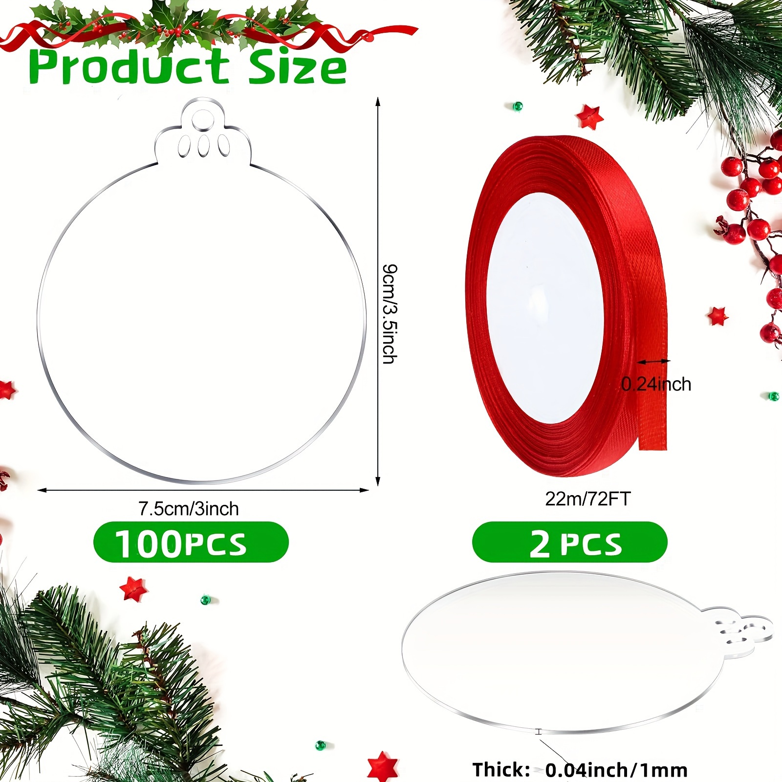 100pcs Acrylic Christmas Hanging Ornament Blanks With 2 Rolls Red Ribbon For Christmas Tree Crafts 3 Inch
