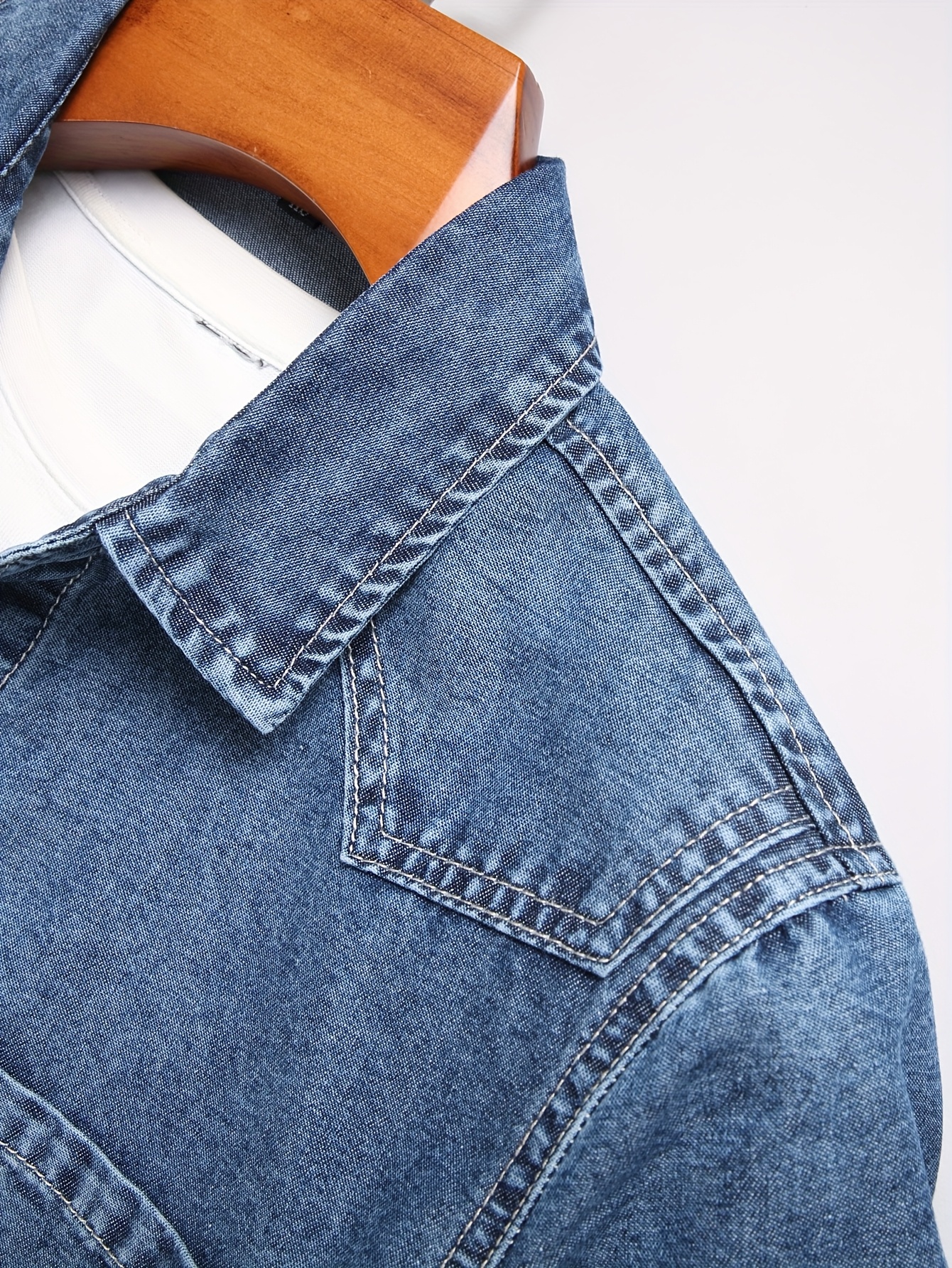 Men'S Fashion Summer Denim Short Sleeve Shirt (Washed Denim Medium Blue)