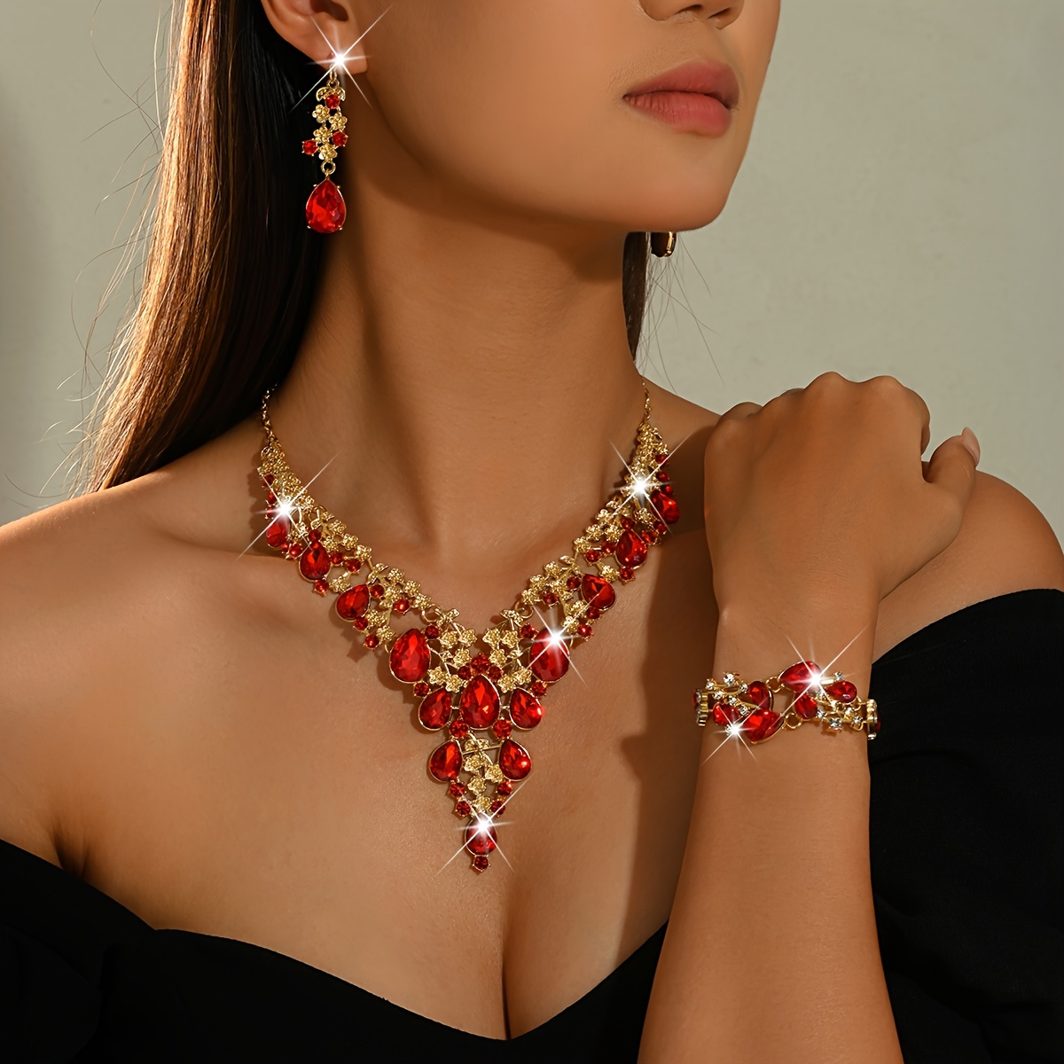 Women's Retro Luxurious Leaf-Shaped Rhinestone 3pcs Set