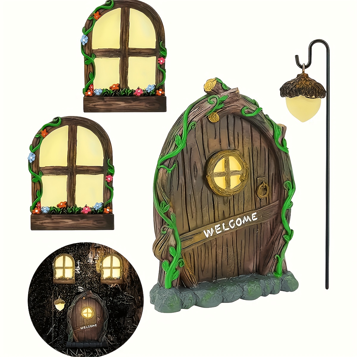 Image of 4pcs Vintage Mini Doors And Windows, Outdoor Decoration, Small Tree Courtyard Mini Doors And Windows, Nighttime Fluorescent Light Color, Gift
