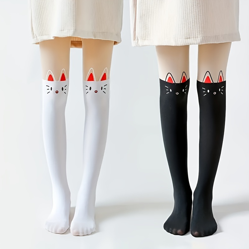 

2 Pairs Of Girl's Cat Pattern Pantyhose Floret, Solid Comfy Breathable Soft & Elastic Leggings Pantyhose, Spring & Summer