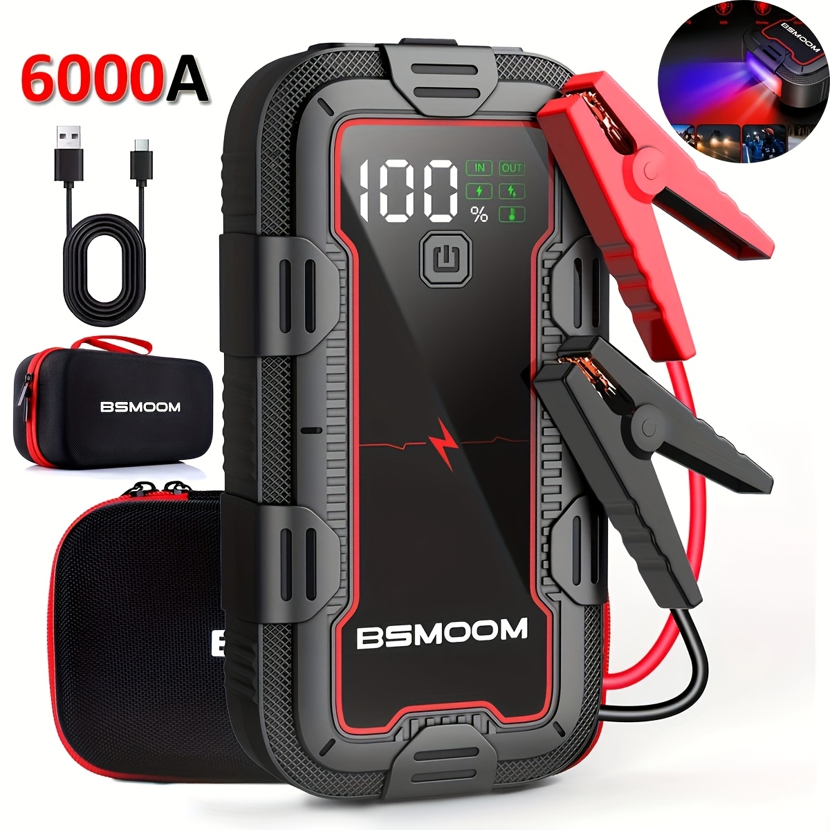 

BSMOOM 6000A Booster de Batterie de , Démarreur de Portable (Jusqu'à 10.0L Diesel ou Essence), Démarreur 12V avec Écran LCD, Lumière LED