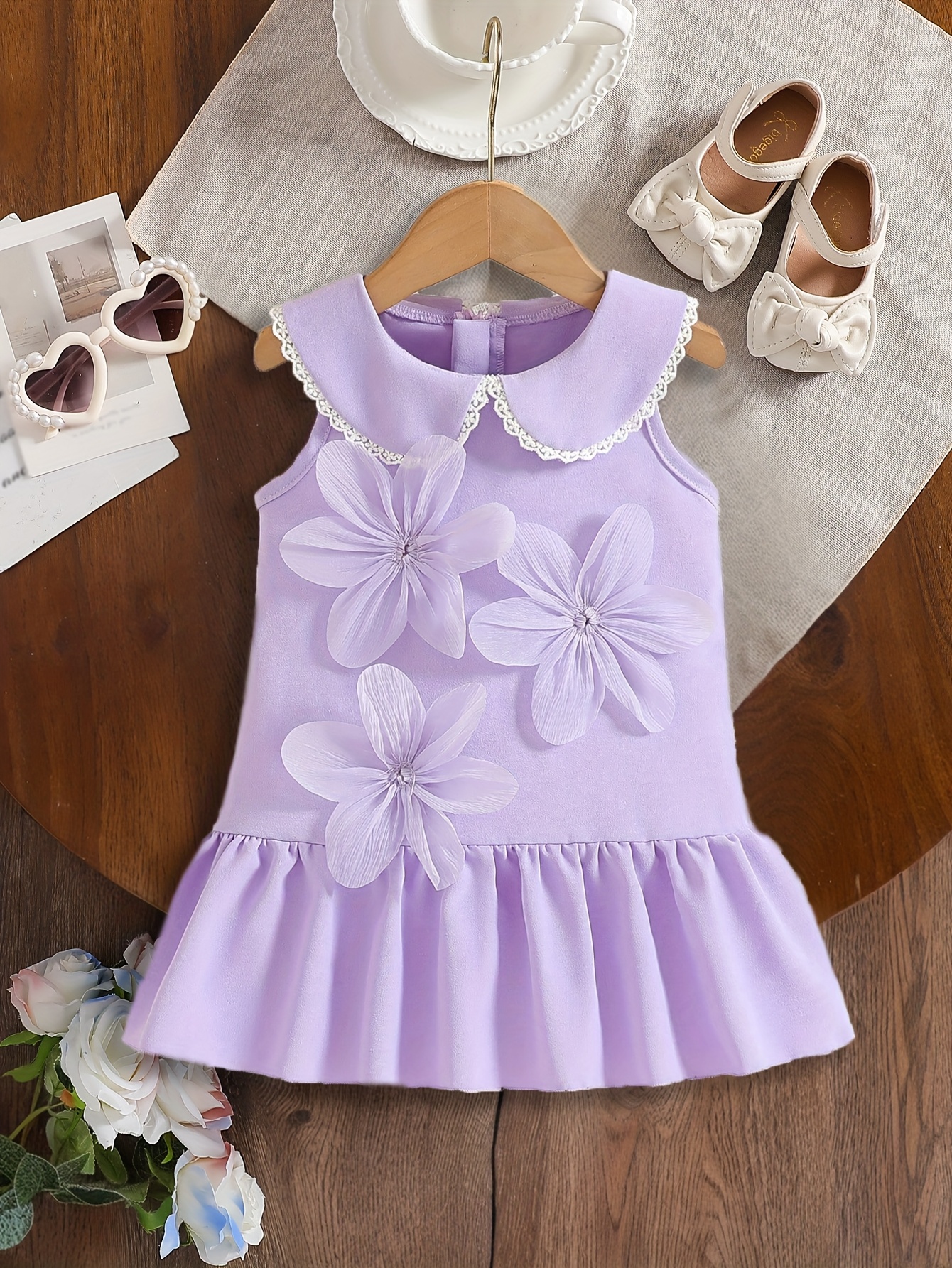 A Delicate Light Purple Petal Dress for Baby Girls in Autumn And Winter,  Featuring a Doll Collar And Three-Dimensional Flowers, with a Slightly  Fluffy Skirt * a Gentle And Elegant Little * Dress
