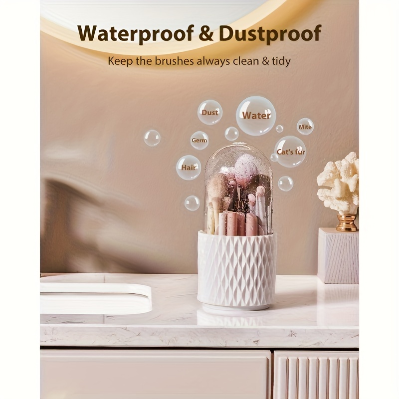 360 rotating makeup brush holder with transparent dome lid dustproof waterproof white hexagonal organizer   countertop storage for brushes skincare products durable plastic vanity organizer with 360 spin no power required bathroom dressing table organizer Product details 2