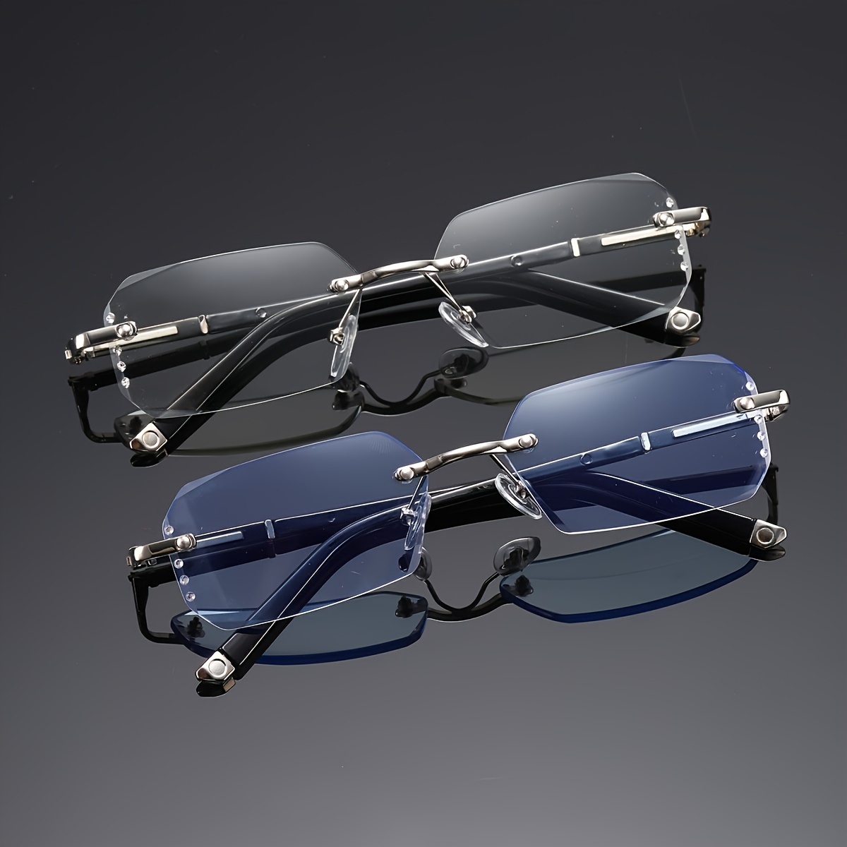 

2pcs Minimalist Square Rimless Frame With Cloth, Pc Lens, Metal Hinges - Fashionable Unisex Business