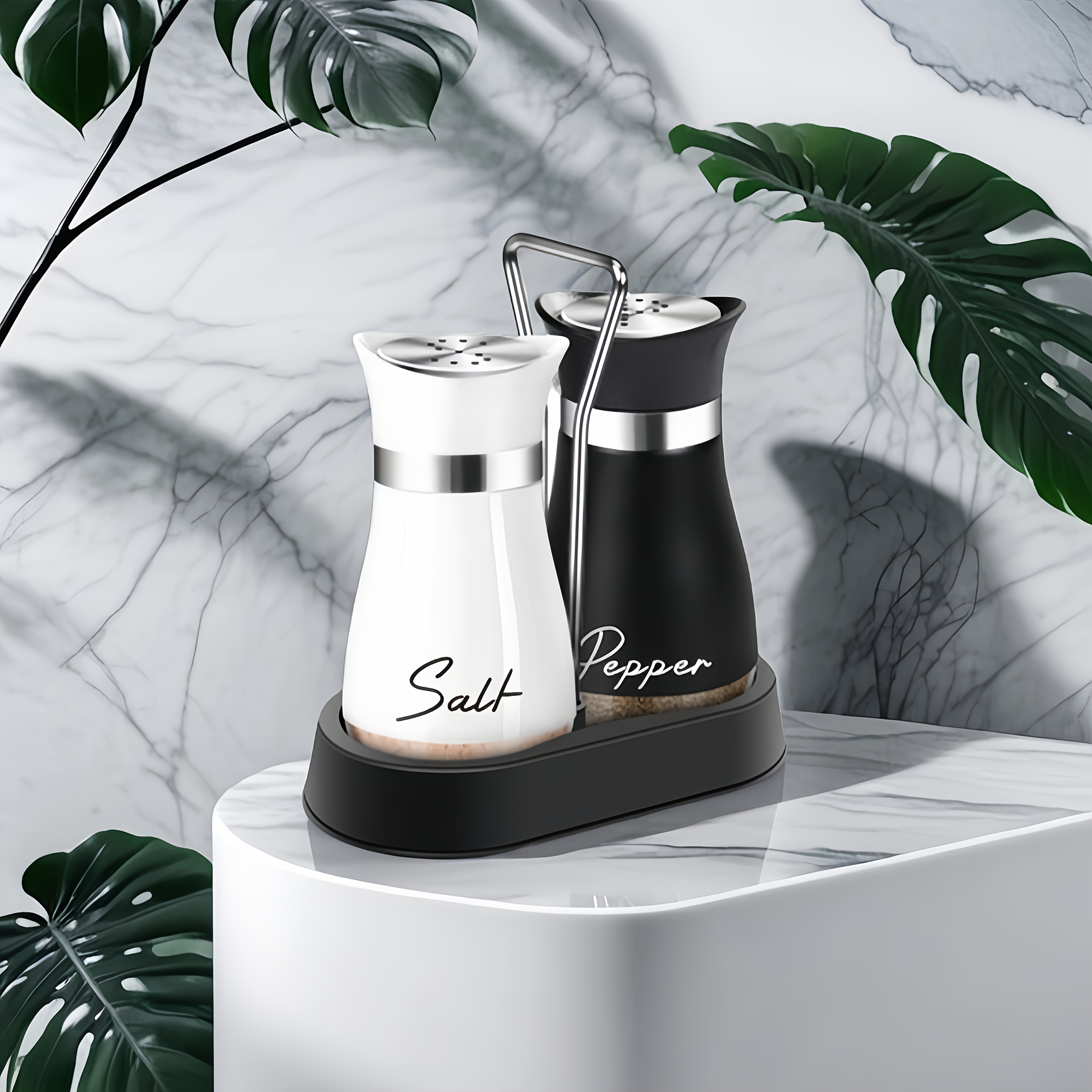 TEMU 2pcs - A Set Of Combination, Salt And Pepper Shaker Set With Stand (1 Stand + 2 Shakers), Stainless Steel , Leather Salt Shaker, Pepper Shaker,