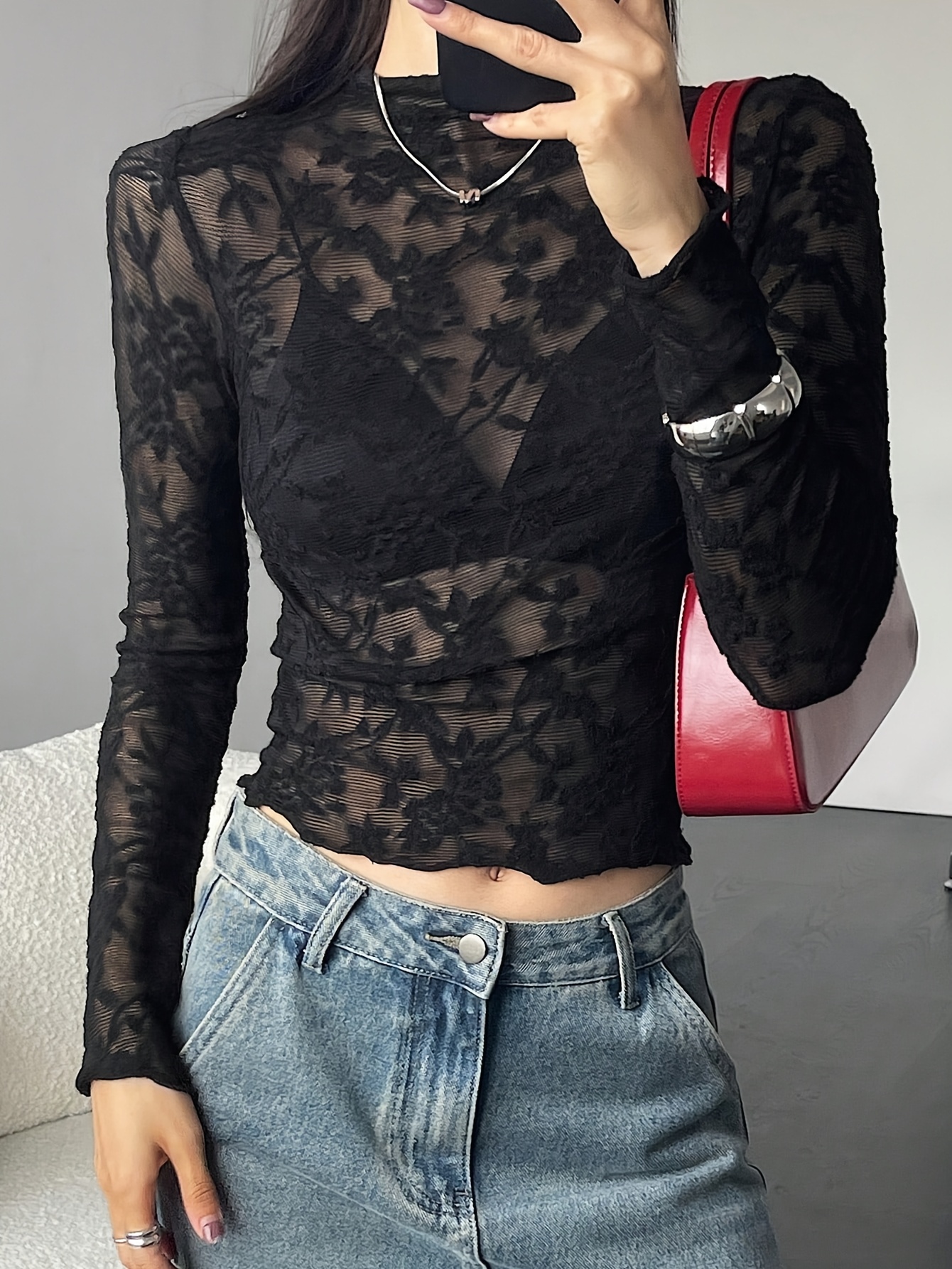 blusa encaje transparente cuello larga mujer Temu Ecuador