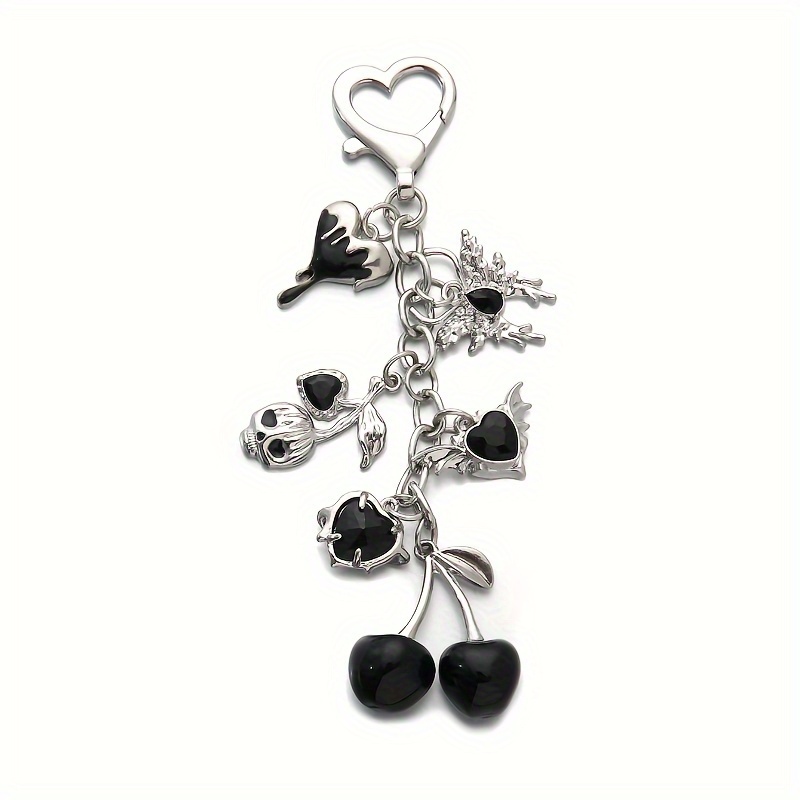 Image of 1pc Nxqxn Cherry And Rhinestone Keychain - Elegant Metal Heart Charm With Sparkling Accents, Round Ring Clasp, Ideal For Bag Decoration Or Birthday Gift