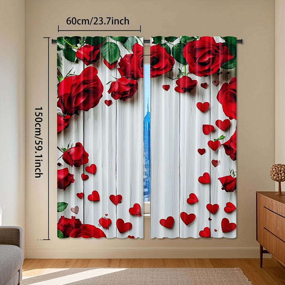 TEMU 2pcs Elegant Red Rose & Heart Backdrop Curtains - Semi-transparent Polyester, Valentine's Day Themed For Living Room, Bedroom, Kitchen Decor,