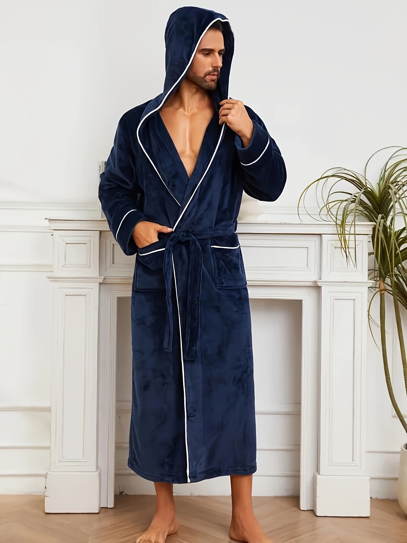 peignoir à capuche en flanelle douce homme long confortable Temu