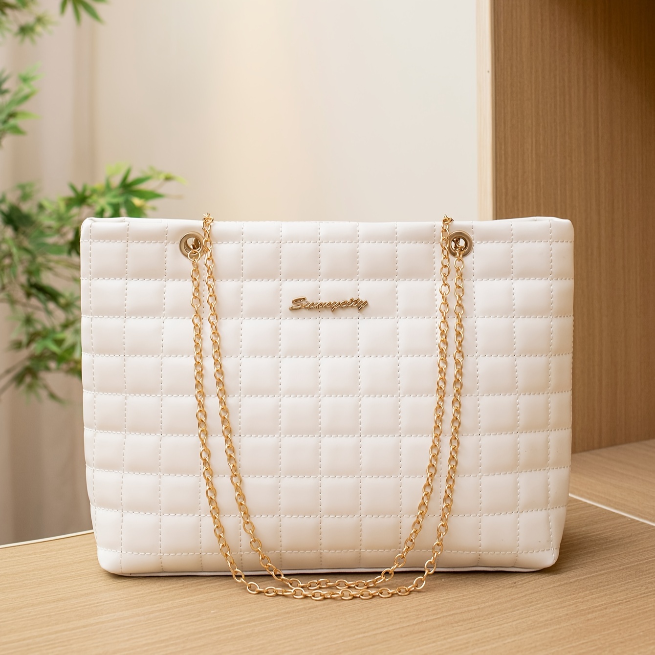 

Chic Quilted Women's Tote With Detachable Chain Strap - Versatile Pu Leather Crossbody Bag, Zip Closure