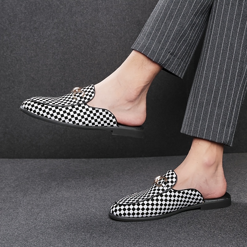 Men's British-Inspired Checkered Slip-On Loafers - Black & White Casual Shoes with Golden Accents, Breathable Rubber Sole for Spring/Summer, Easy Slip-On Design for Daily Wear & Leisure Activities, Classic Loafer Style, Comfortable Interior Lining