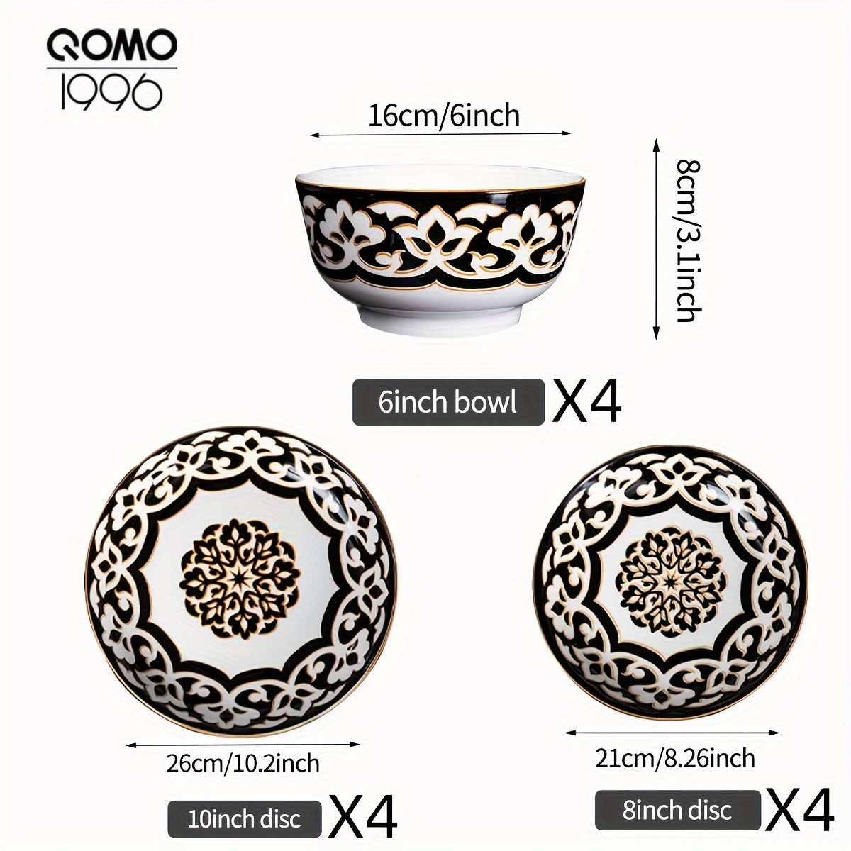 TEMU 4/12pcs Ceramic Dinnerware, Plate And Bowl Sets, European Kitchen Dinnerware Sets, Black Floral Lightweight Dinnerware Sets, Porcelain