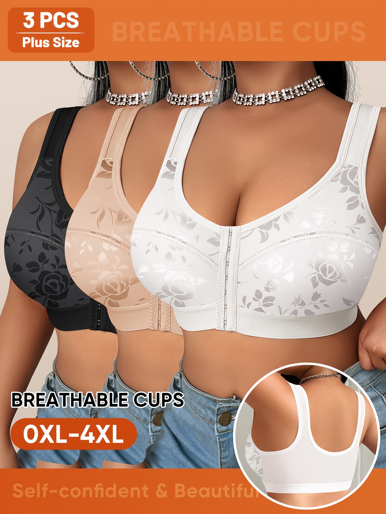 item picture 3pcs womens plus size wire   with front closure floral print gathering effect comfortable strong support suitable for daily wear for plus size individuals