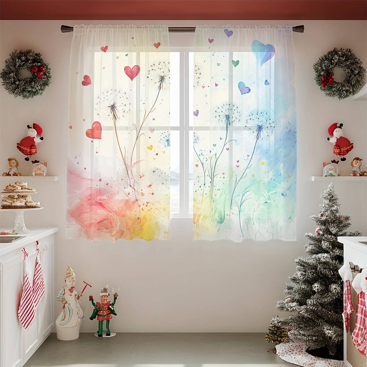 E-shop Festtags, Geschenk, Hochzeitsdekoration Fensterbehang, 2 Stück Halbtransparente Vorhänge, Traumhafte Aquarell Löwenzahn Herz Vorhänge Gemütliche