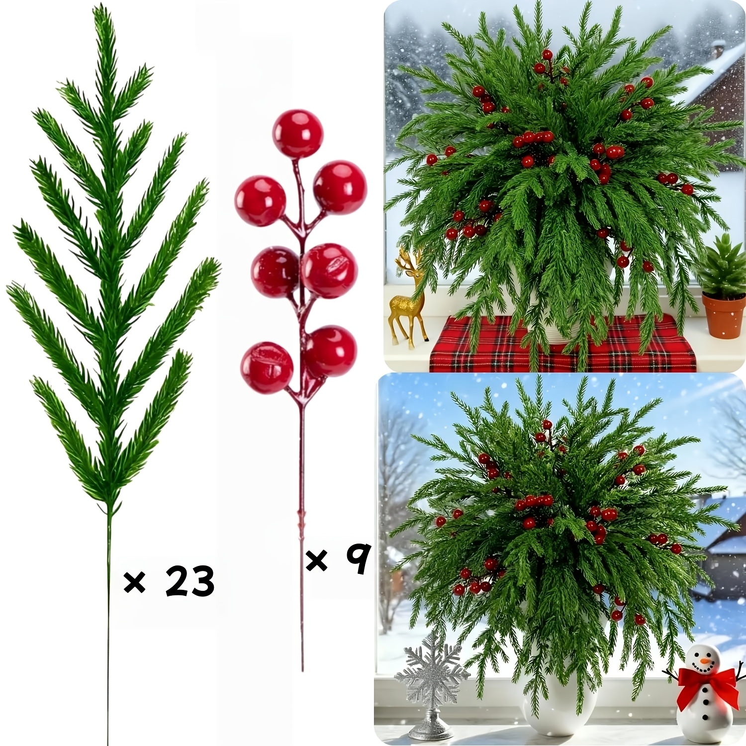 TEMU 32pcs Artificial Norfolk Pine Branches, Closely Resembling Trees With Needles And Red Berries, Ideal For Christmas Decorations And Vase Fillers.