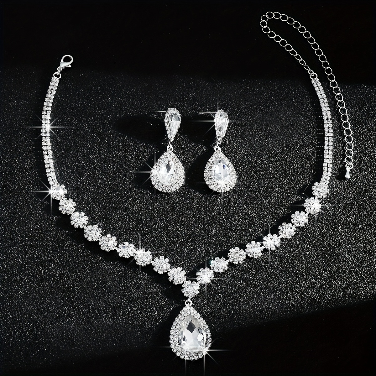 Crystal Flower Water Drop Necklace Earrings Set Bridal Accessory
