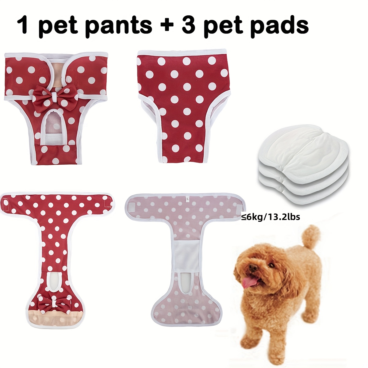 TEMU 4pcs Period Panties Set, Reusable Dog Period Pants With 3 Pet Diapers, Adjustable Waistband, Washable Polyester Dog Underwear, Reusable Pet