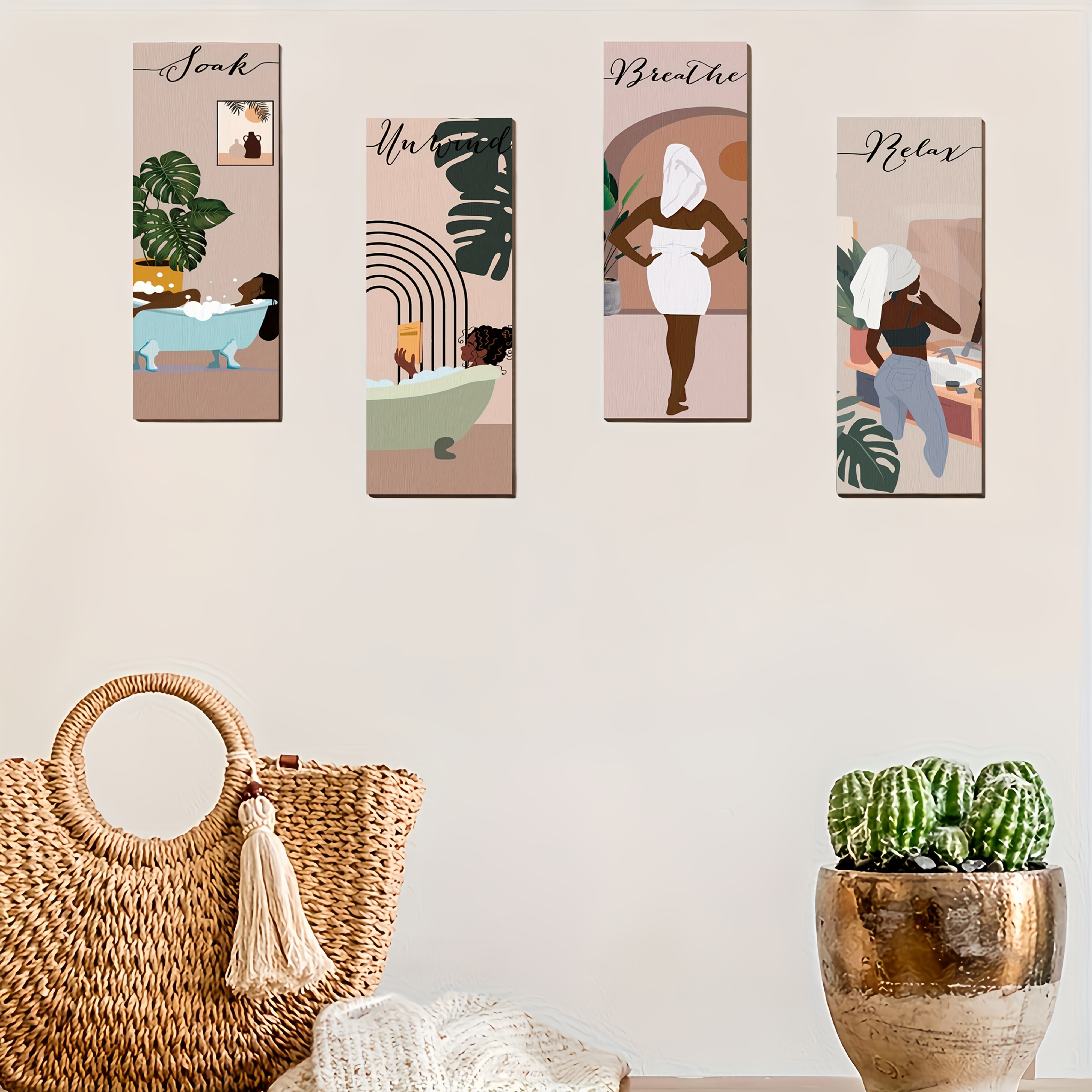 TEMU 4pcs Relaxation Bath Decor Wall Art, Abstract Bohemian Style Wooden Wall Hanging Plaque, Medieval Minimalist Plant Country Style Bathroom Wood