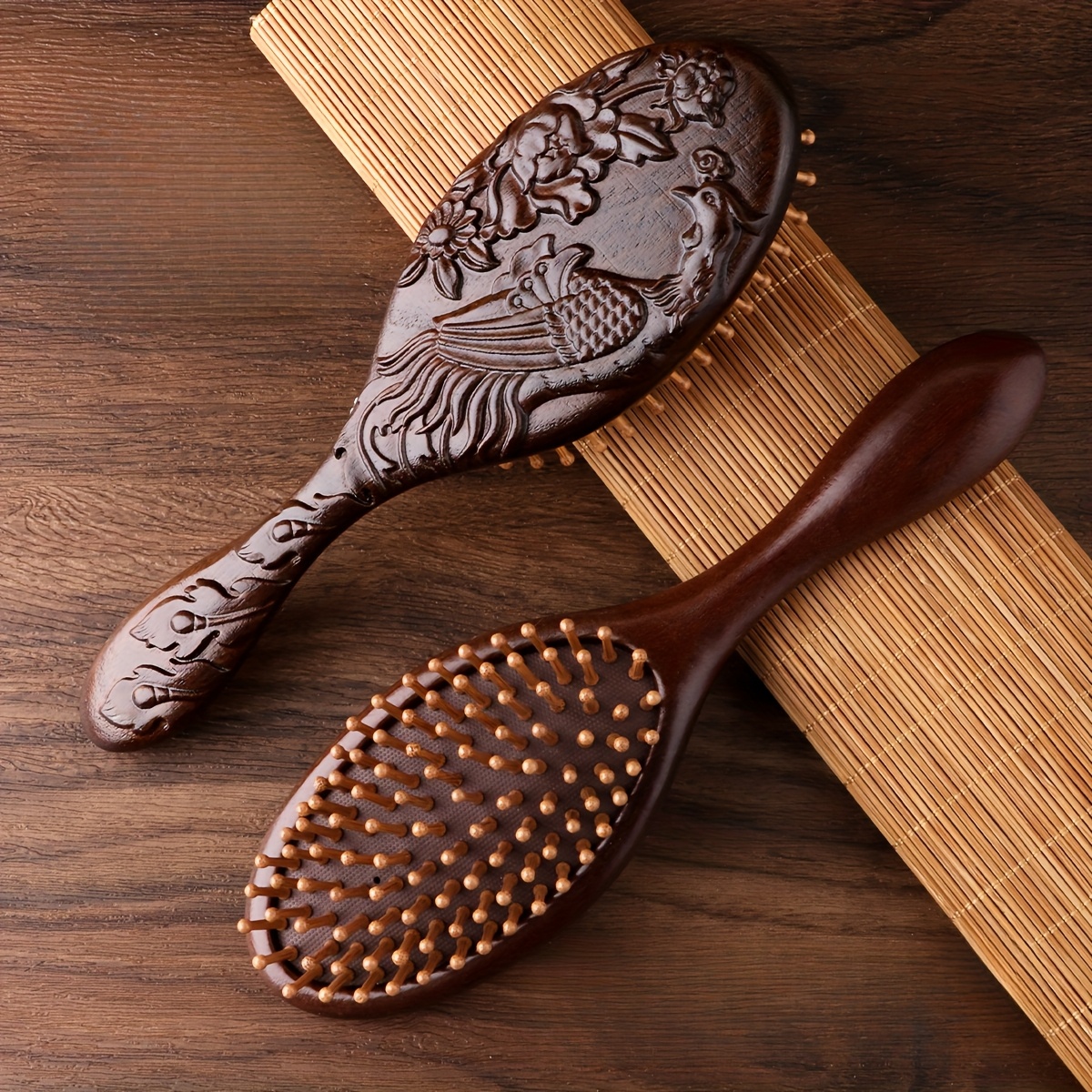 

Handcrafted Sandalwood Comb With Bamboo Teeth - Oval Scalp Massage Brush For All Hair Types, Wood Handle