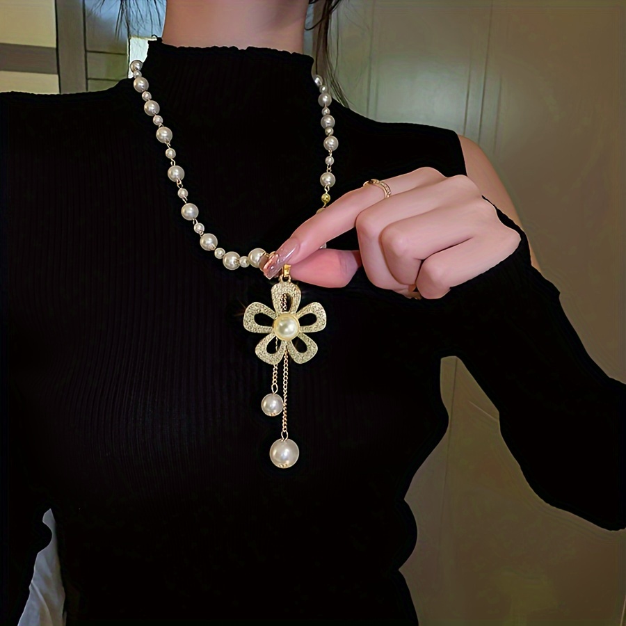 TEMU Fashionable And Versatile Long Necklace With Rhinestone Flowers And Pearls