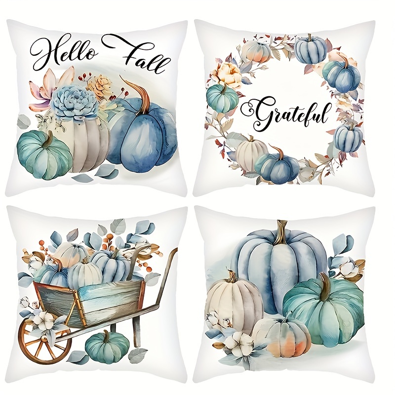 

Set Of 4 Contemporary Throw Pillow Covers, Blue Pumpkin Autumn Theme, Thanksgiving Grateful Harvest Design, Zippered Polyester Pillowcases, Machine Washable, For Living Room Sofa - 18x18 Inches