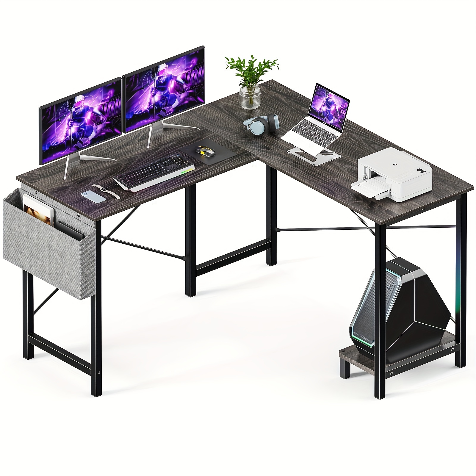 

1pc Reversible L-shaped Office Standing Desk With Storage Bag, Modern Metal Frame Computer Table For Bedroom, Study & Small , Corner Pc Gaming Workstation - Dimensions In Image