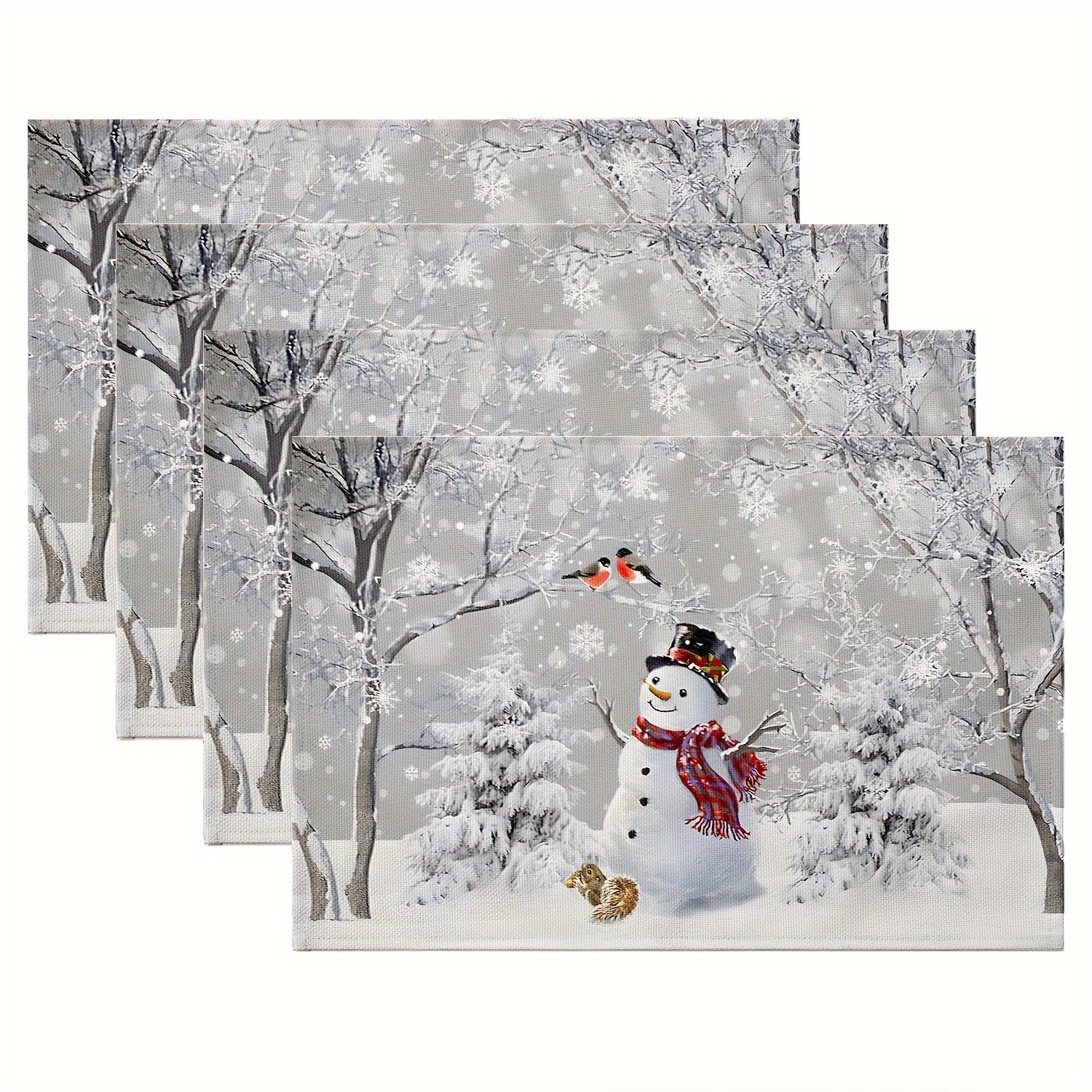 

4pcs Christmas Placemat Set - Snowman & Winter Trees Design, Linen Printed, Machine Washable, Holiday Dining & Kitchen Decor