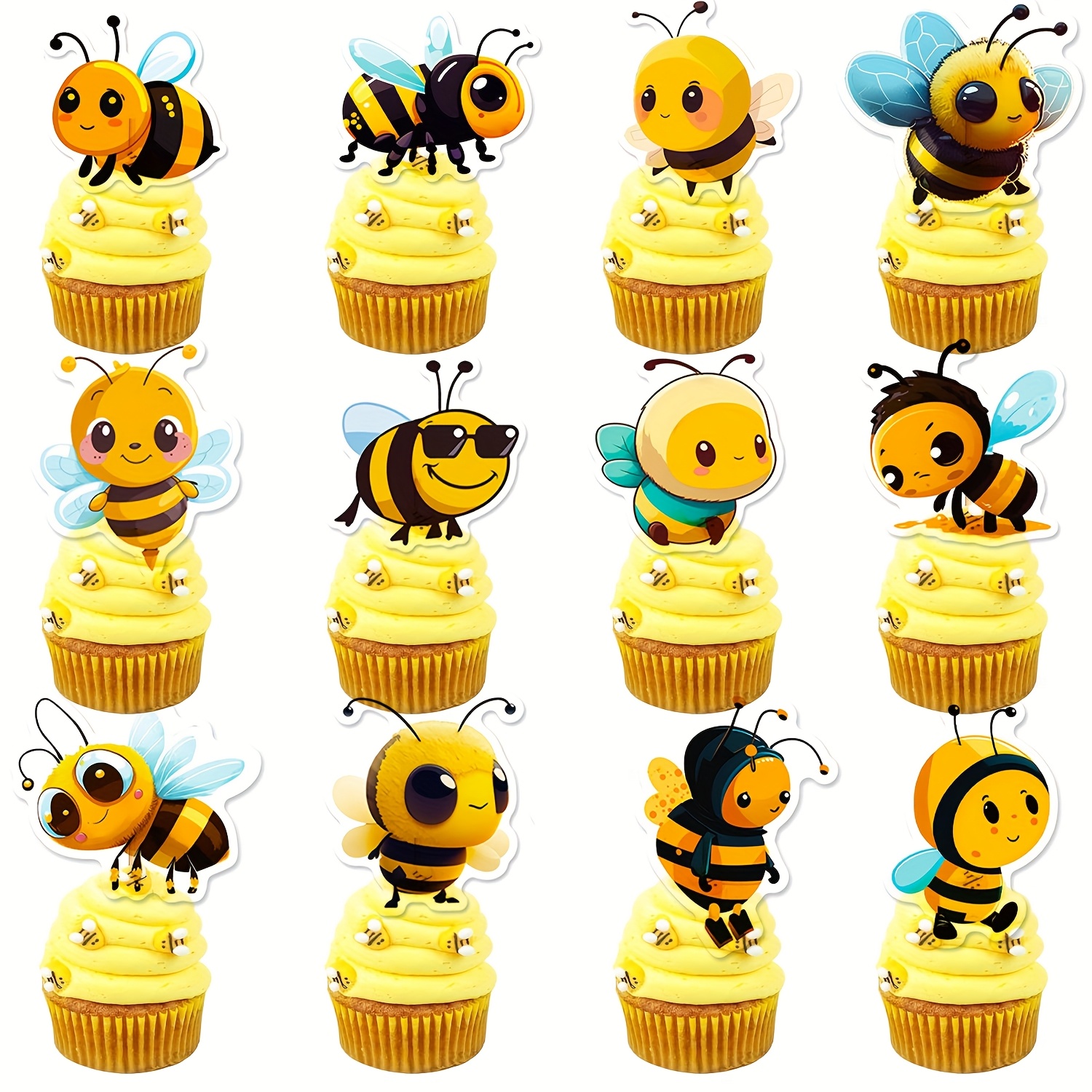 Image of 24pcs Bee Cupcake Toppers - Bumble Bee Cake Decorations Honeycomb Cake Toppers Sweet Birthday Party Decorations For Birthday Baby Shower Supplies