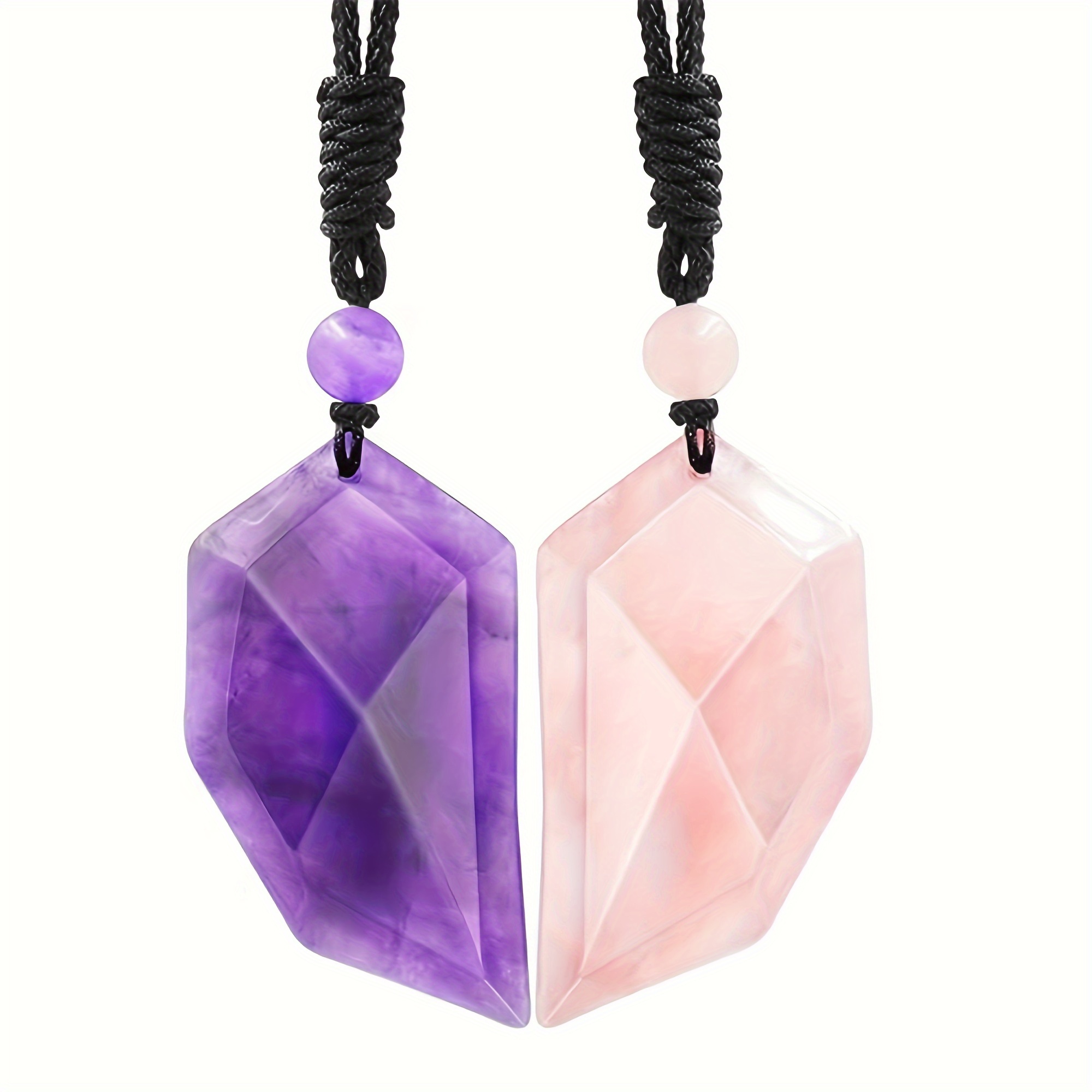 

2pcs/set Stones Matching Heart Couples Necklace Amethyst Rose Quartz Crystal Pendant Adjustable Rope Love Set Necklace