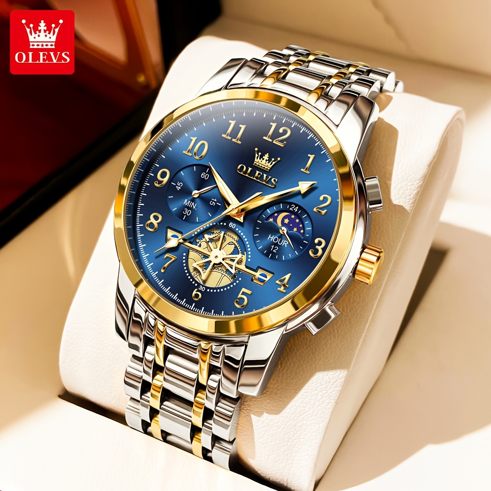 Image of Olevs Watches For Men Classic Business Dress Watch Stainless Steel Bracelet Luminous With Calendar Mens Wrist Watch Romantic Gifts Relojes De Hombre Blue//golden/gray Dial