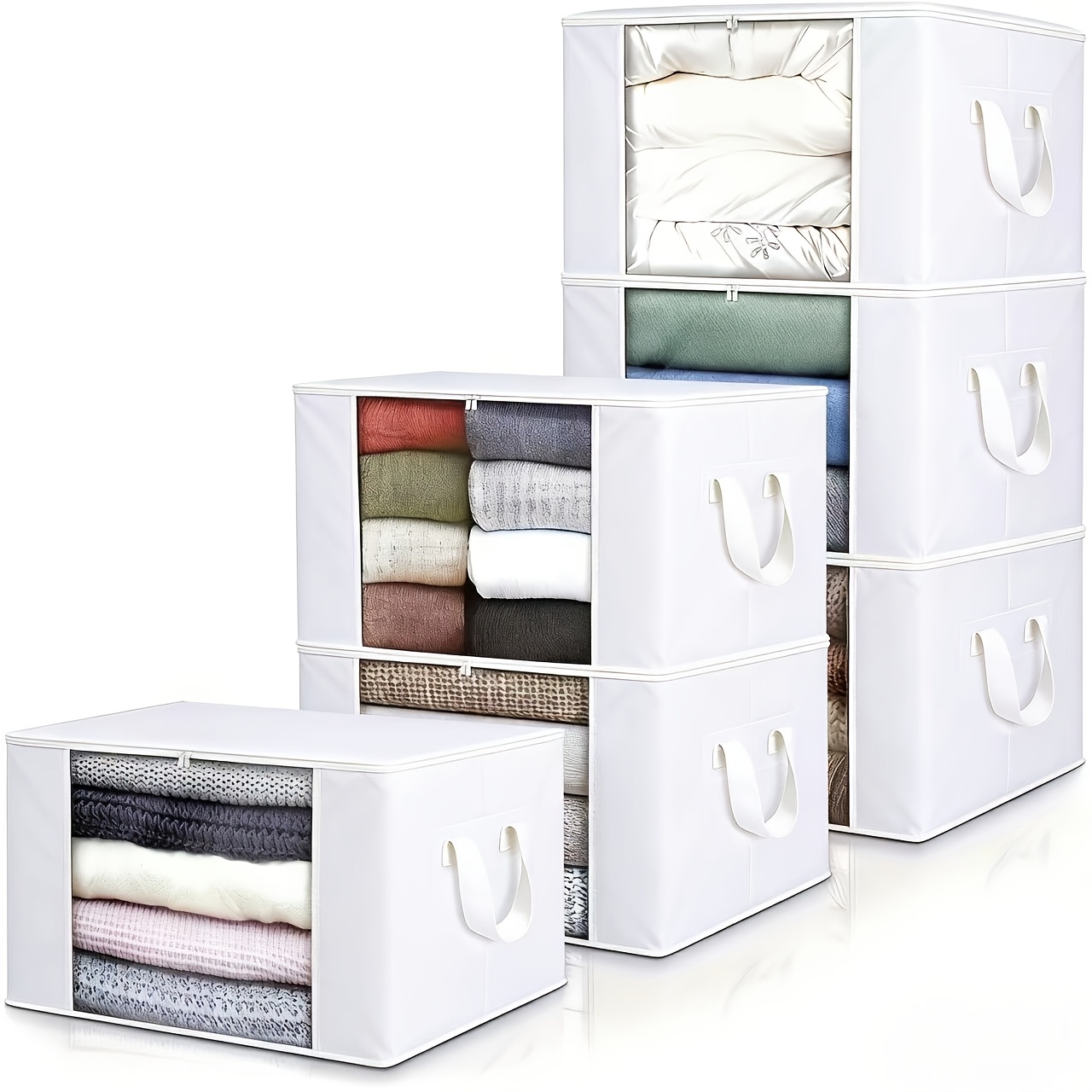 TEMU 6pcs White Extra-large Storage Bags With Zipper And Lid - Foldable Durable Clothing Organizer Bags, Suitable For Bedding, Blankets, Pillows, And