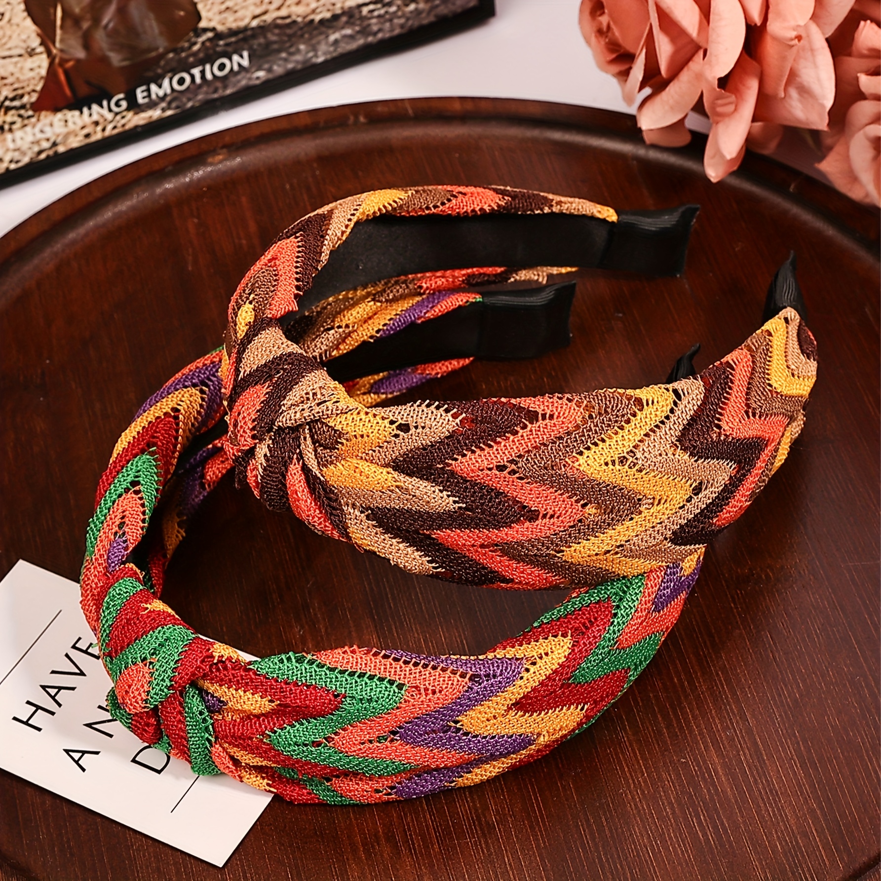 TEMU 2 pezzi Fascia per capelli da donna in maglia francese, Fascia larga vintage annodata multicolore, Adatta per lo styling , per feste