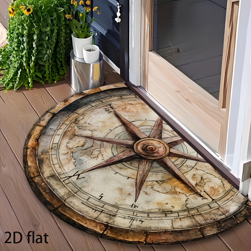 Image of 1 Vintage Semi-circular Compass Welcome Mat, Suitable For Indoor And Outdoor Use, Is An For Decorating The Living Room, Kitchen, Bedroom, Patio, Bathroom, Or Café Entrance