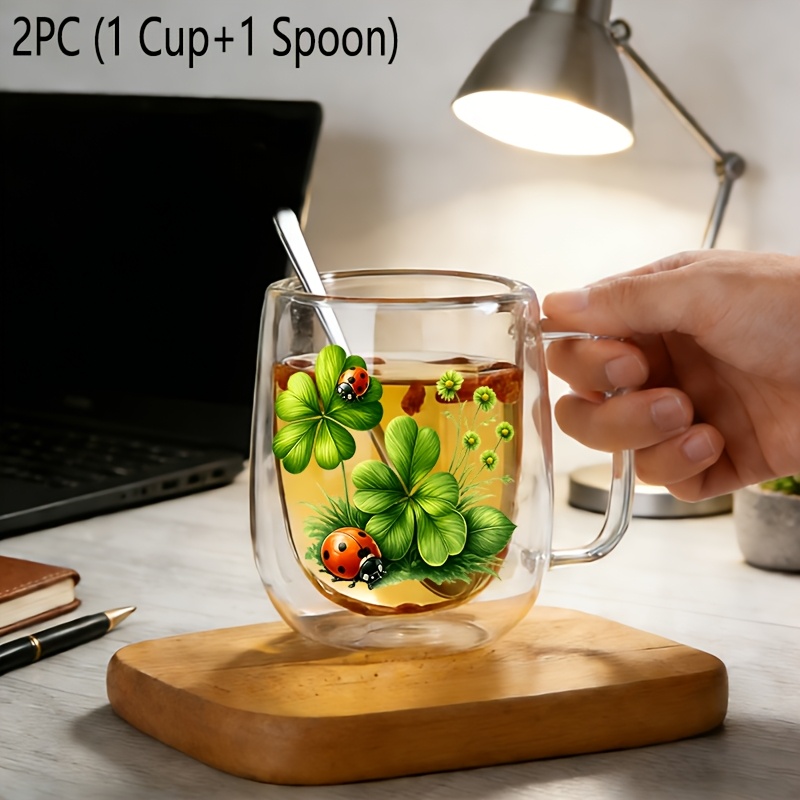 TEMU 2pcs St Patrick's Day Insulated Double-walled Borosilicate Reusable Glass Cup With Spoon Handle,large Capacity Clear Coffee Mug For Beverages