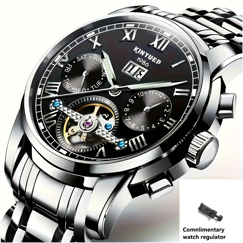 Image of Men's Multi-functional Mechanical Watch, Automatic Winding Men's Fashion Sports Watch, Hollow-out Back Watch, Holiday Gifts, Without Battery