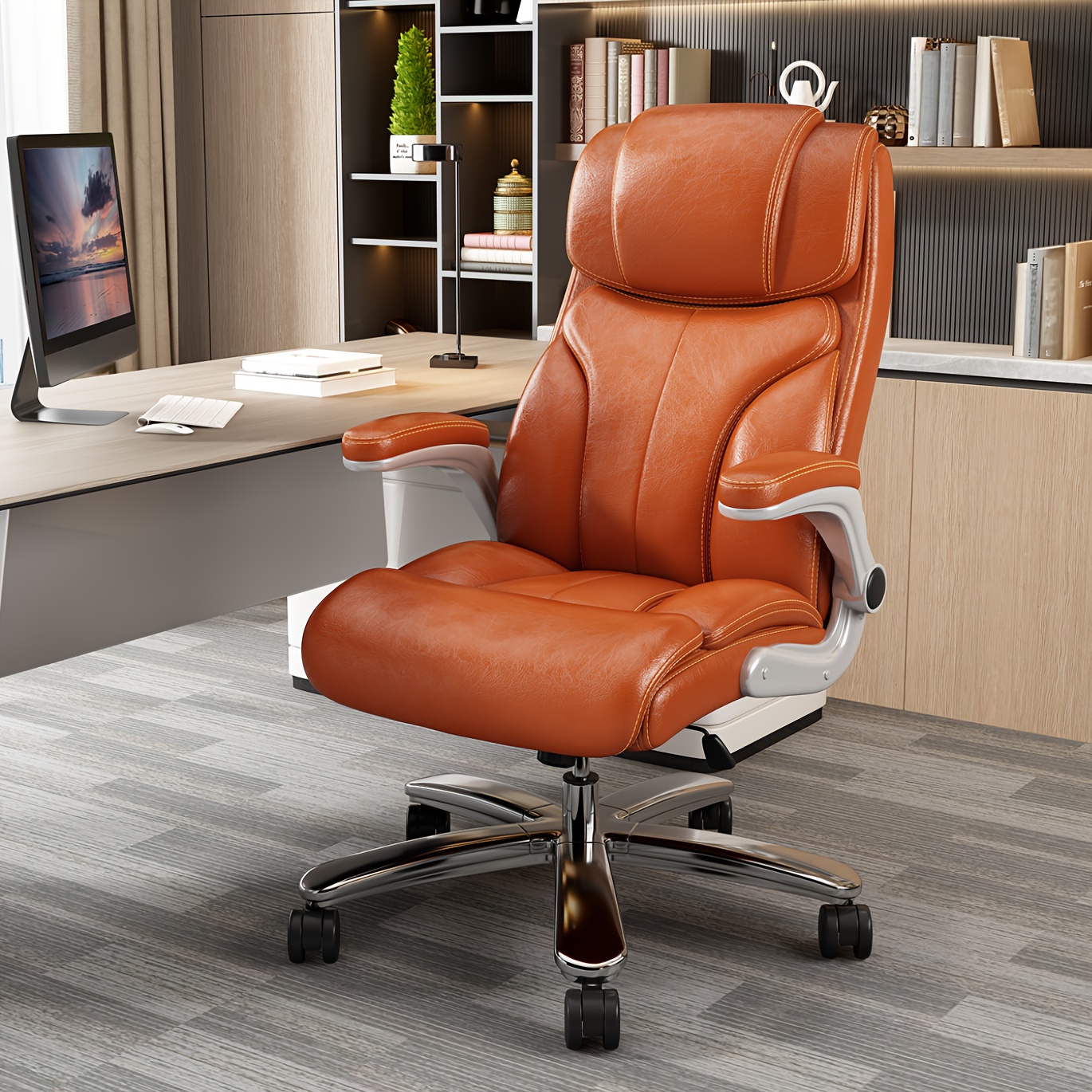 

1pc Chair, Big And Tall Home Office Chairs For Heavy People, 400lbs Wide Seat, High Back With Adjustable Flip-up Armrests, Orange Computer Chair With Cushion And Wheels,