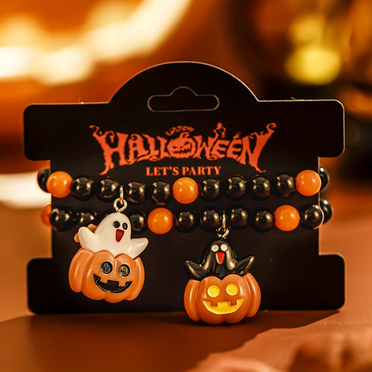 Image of 2 Pieces A Set Of Women's Fashion Elastic Bracelet Resin Pumpkin Suitable For Women's Halloween Wear Hypoallergenic