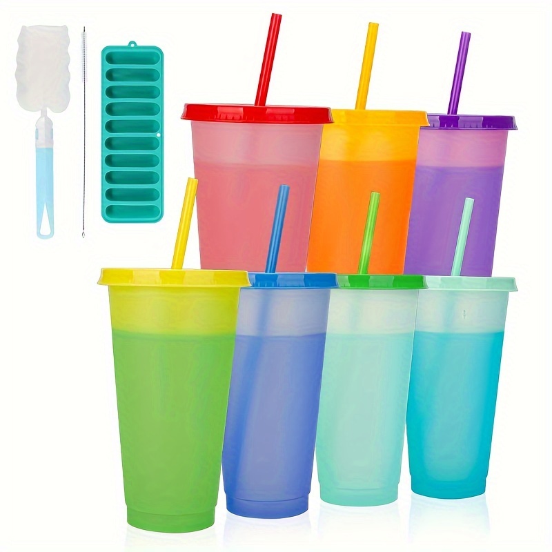 

Color Changing Tumblers With Lids, Straws, Cleaning Brush & Ice Cube Tray - 7 Reusable Bulk Tumblers Plastic Cold Cups For Adults 24oz Tumblers