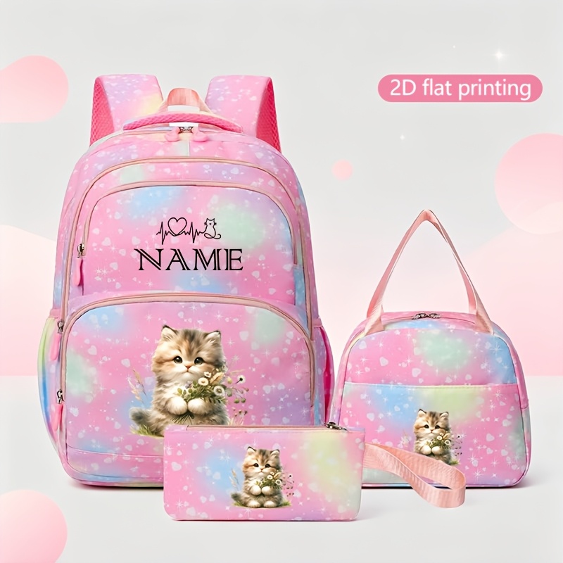 TEMU [customized Edition] 3pcs Fashionable Gradient School Backpack Set, Featuring A Color Scheme Backpack, Handbag, Pen Case, Cute Kitten Print